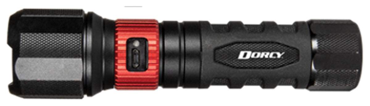Dorcy Ultra HD 1000L flashlight with black body and red charging-port collar, side view