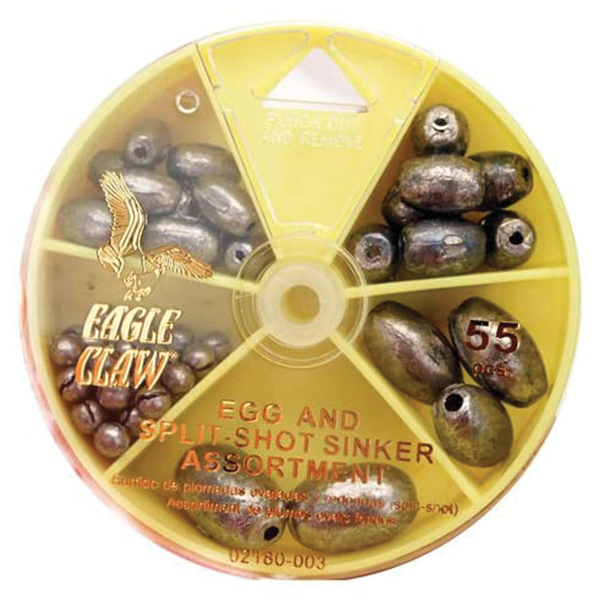 Eagle Claw 55-piece egg sinker and split shot assortment in a yellow dial pack