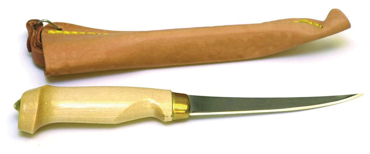Eagle Claw wood-handle fillet knife shown beside its tan protective sheath