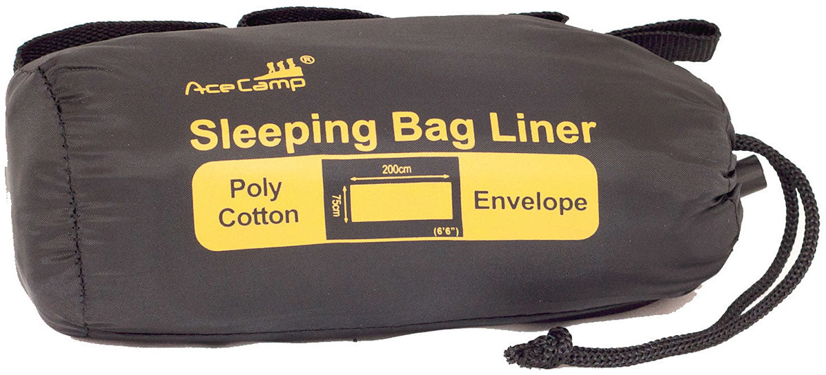 AceCamp rectangular polycotton sleeping bag liner packed in its labeled stuff sack