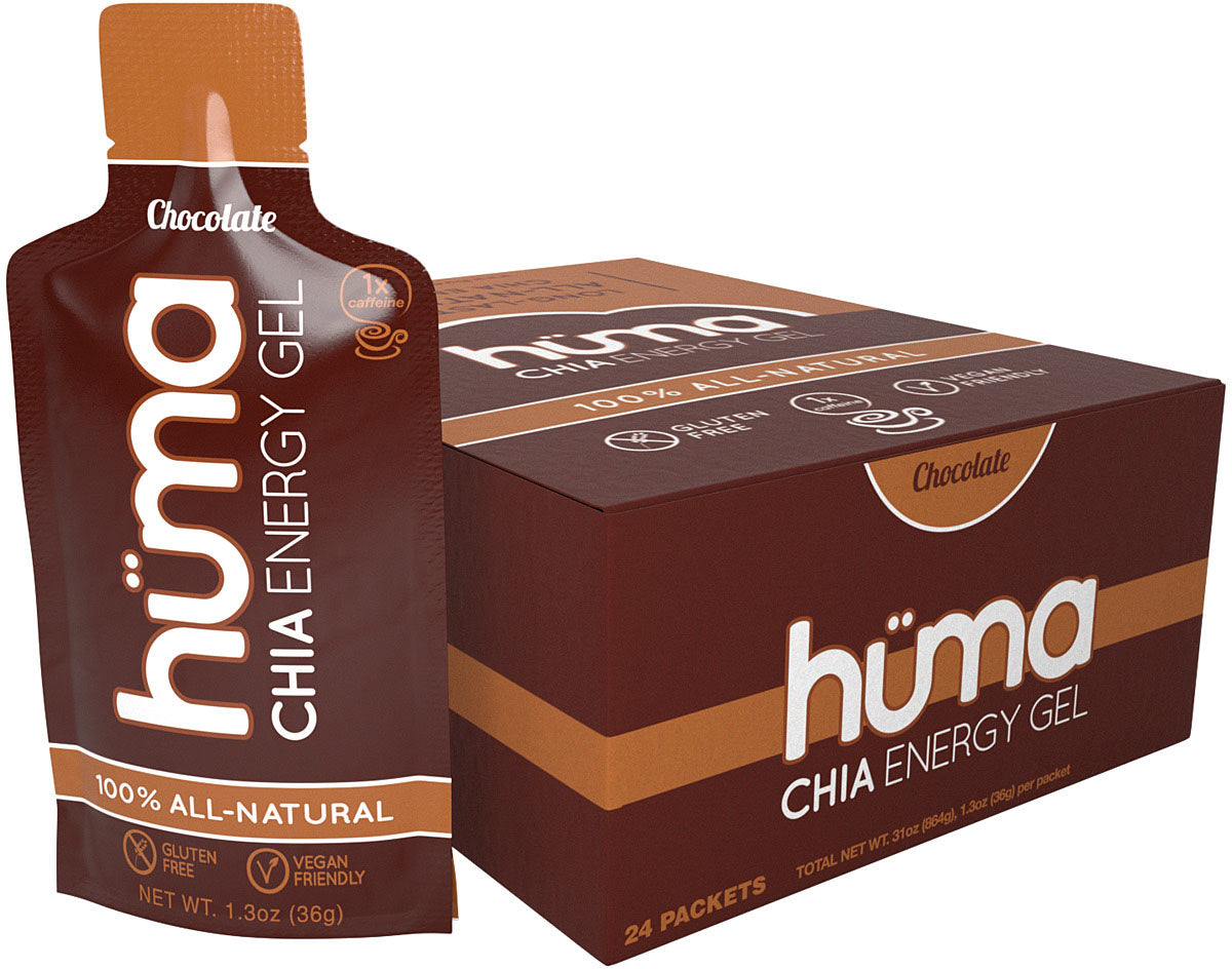 Hüma Original Chocolate energy gel packet beside a display carton