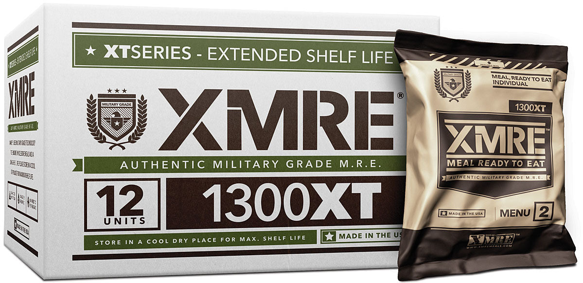 XMRE 1300XT case marked 12 units with one sealed meal pouch beside it
