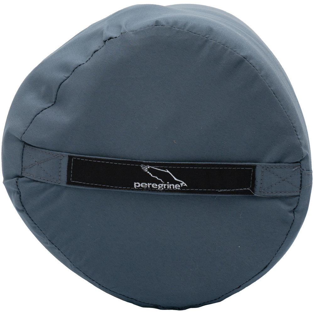 End view of the Peregrine Link-Up Single Stone Gray quilt's packed stuff sack