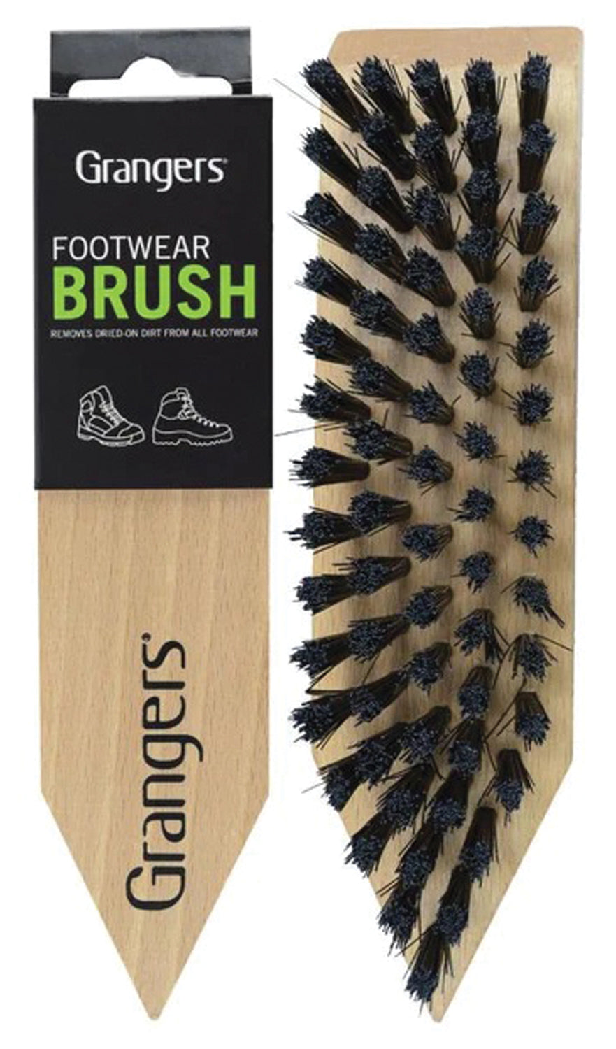 Grangers Footwear Brush showing the pointed wooden handle and stiff bristles