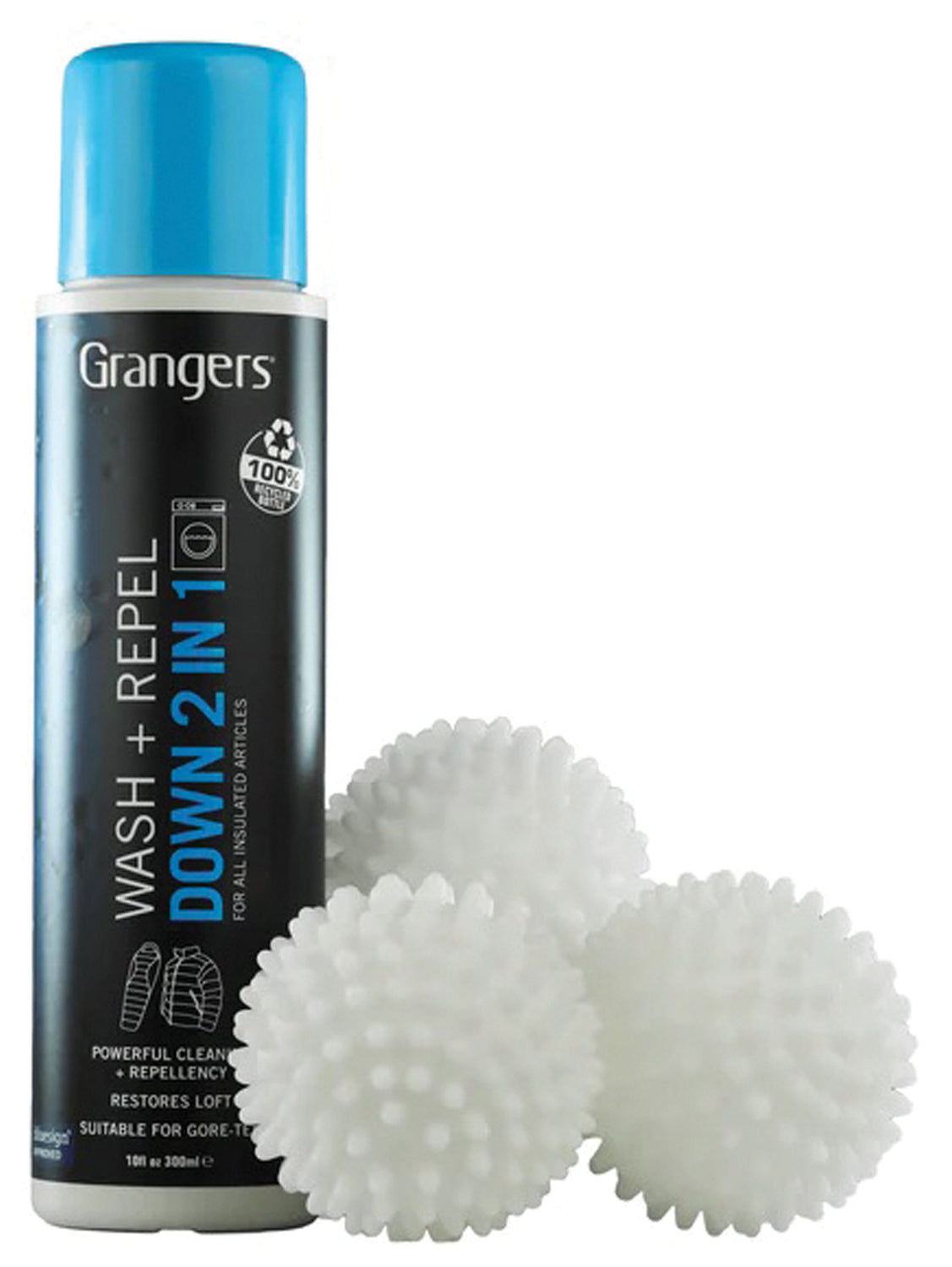 Grangers Down Care Kit contents: Wash + Repel Down 2 in 1 bottle and three white textured dryer balls