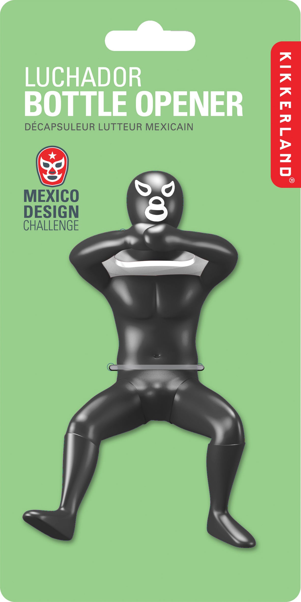 Black Kikkerland Luchador bottle opener mounted on its green retail display card