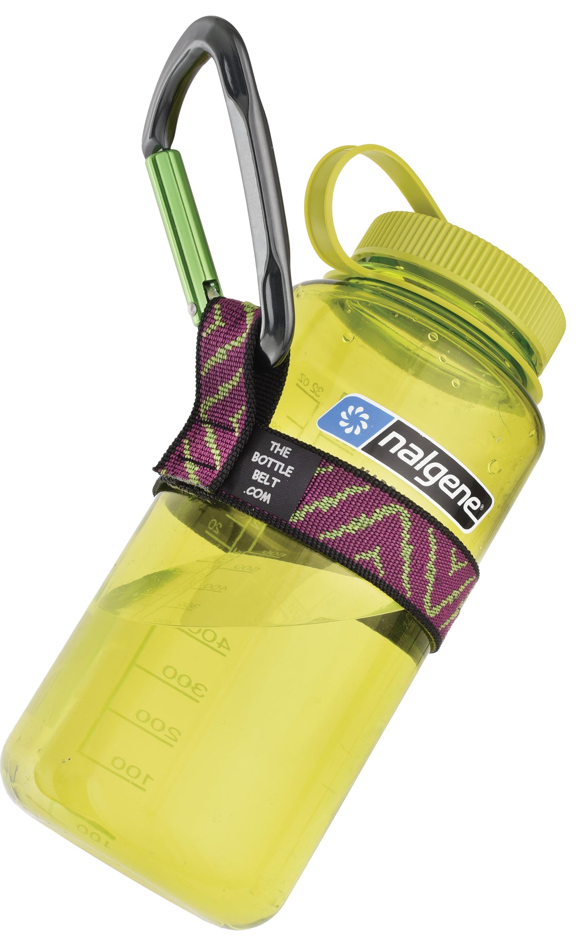 Peregrine Bottle Belt in Organic pattern demonstrated around a yellow Nalgene bottle with a carabiner