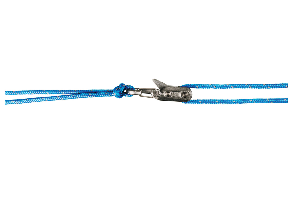 Rollercam Roperoller rope tensioner in side view, threaded with blue reflective accessory cord