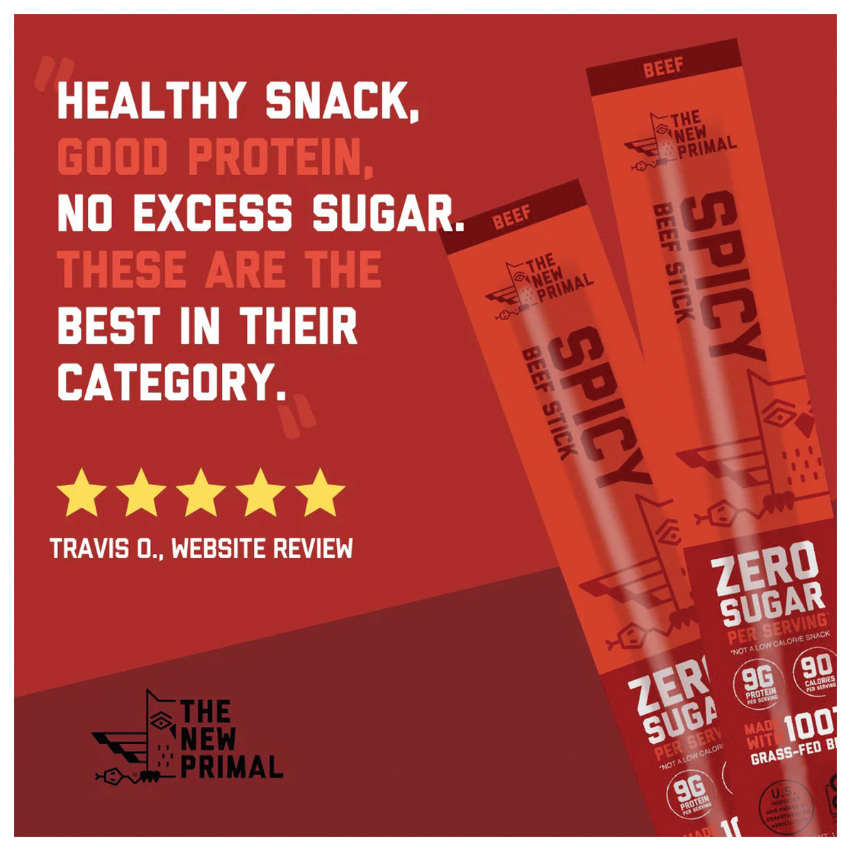 The New Primal Spicy Beef Stick packaging with a customer review graphic
