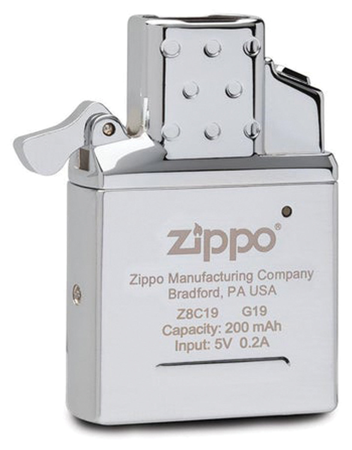 Zippo 65828 rechargeable lighter insert, side view with 200 mAh battery and 5 V input markings