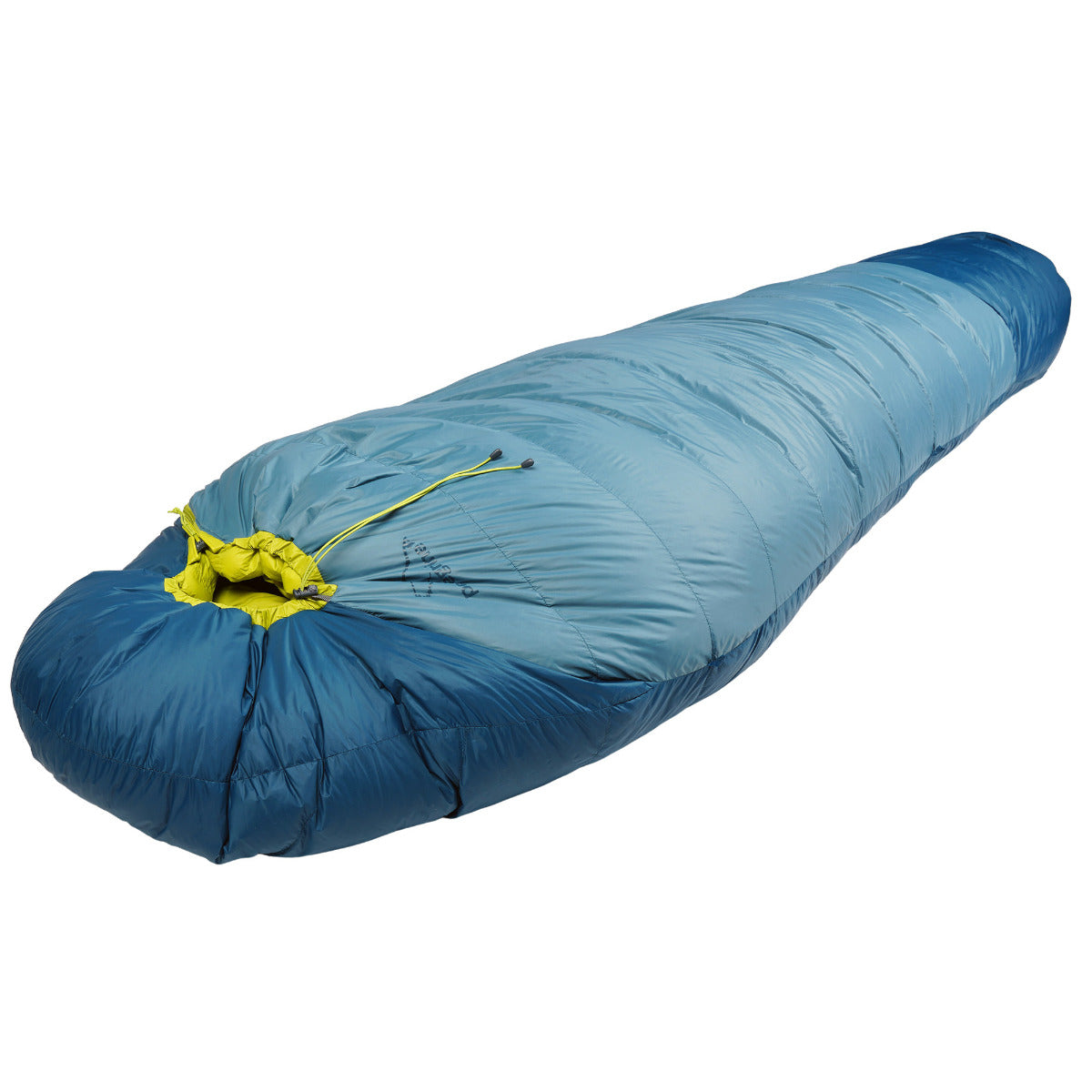 Peregrine Anatum sleeping bag with its hood drawcords tightened, angled view