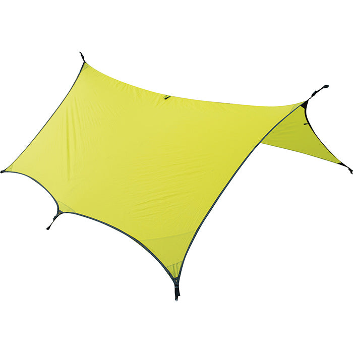 Peregrine Swift tarp in Lime showing its curved edges and tie-out points