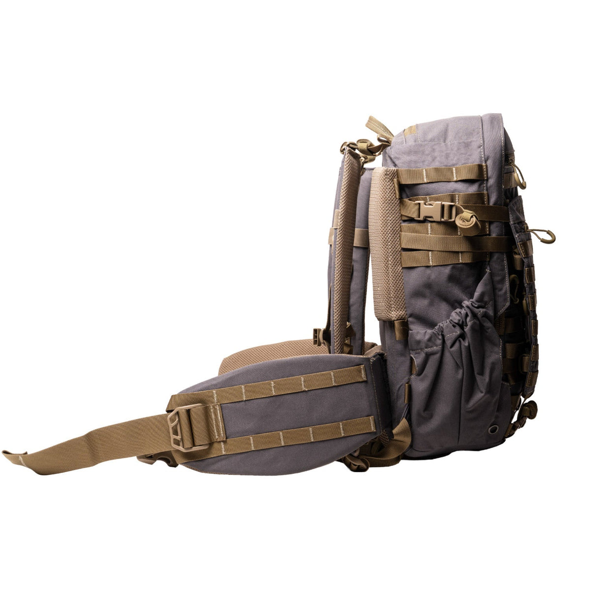 Latitude Outdoors Ranger 22 Gray hunting backpack, side and suspension view