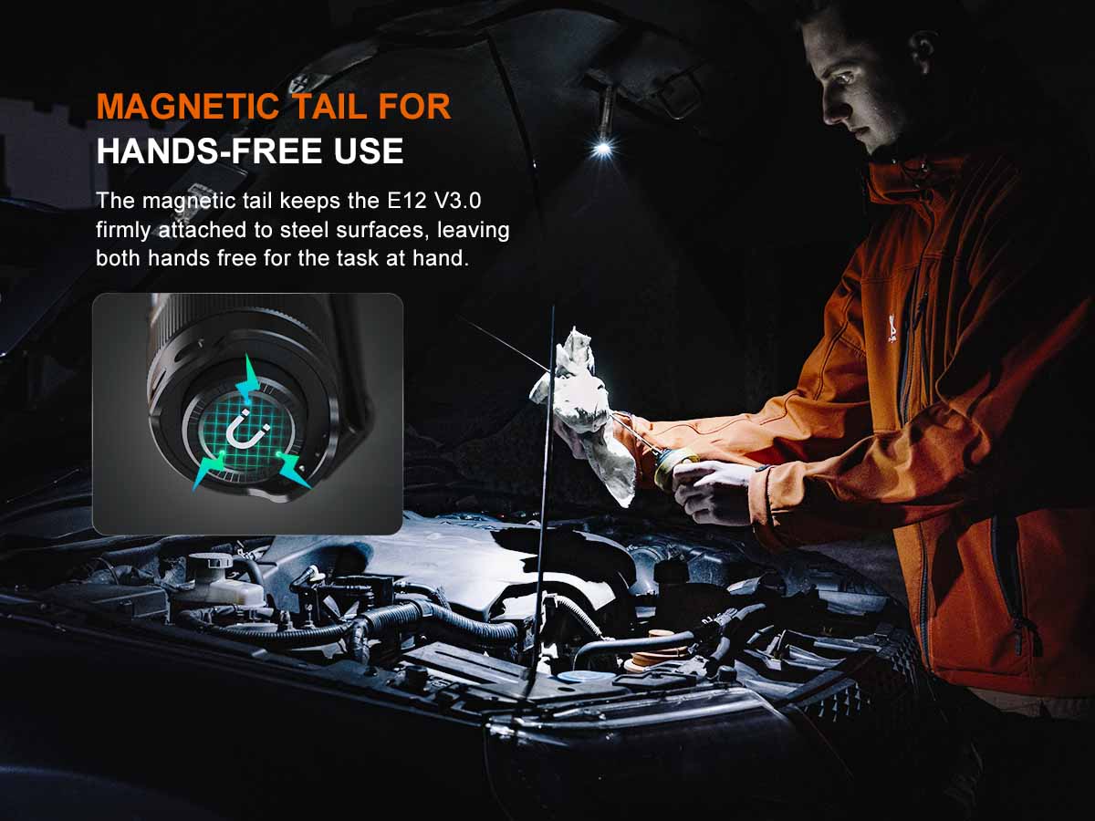 Fenix E12 V3.0 — magnetic tail for hands-free placement
