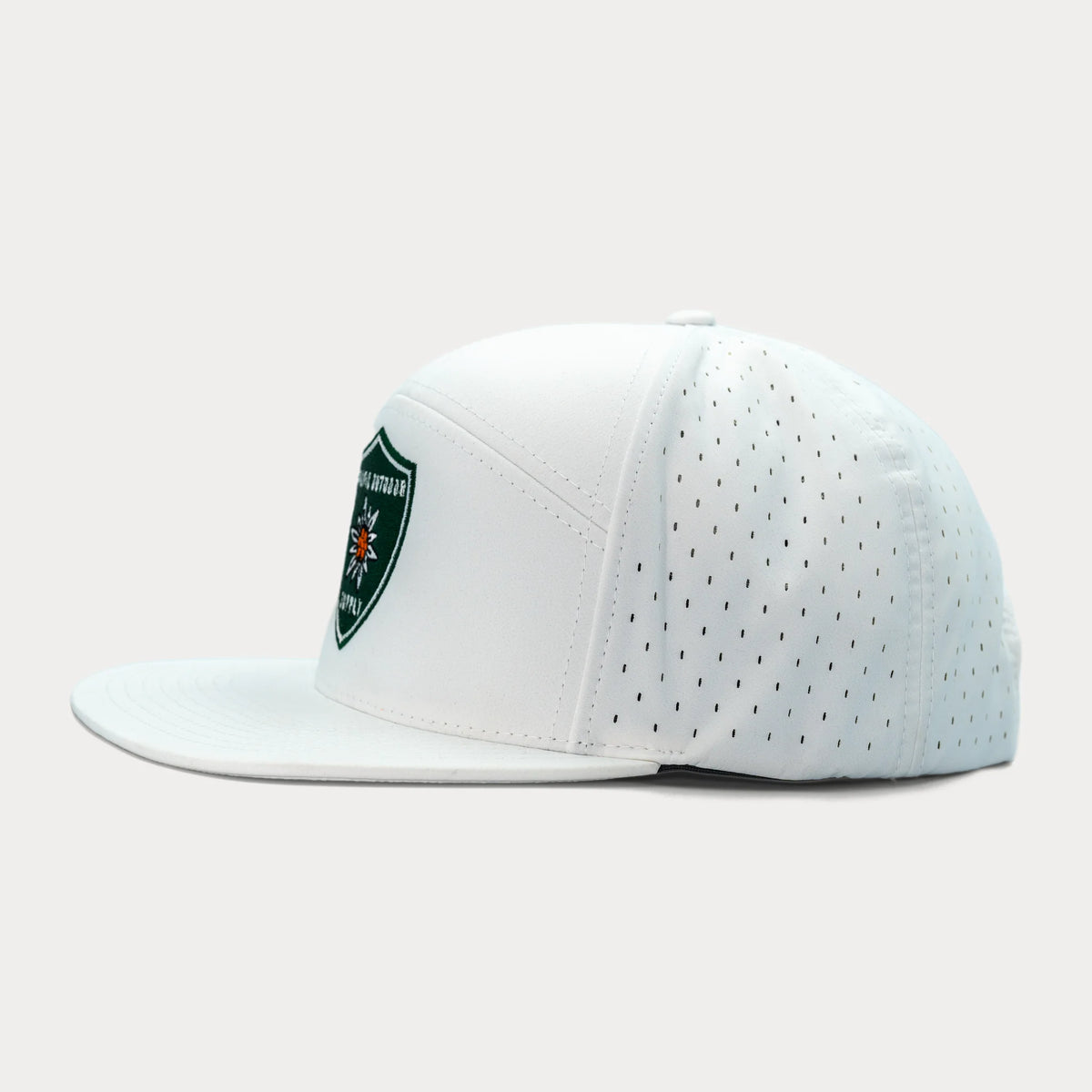 White Pacific Outdoor Supply snapback hat, profile facing left