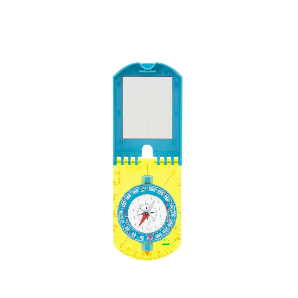 UST Hi Vis Folding Map Compass with blue cover and yellow-green baseplate
