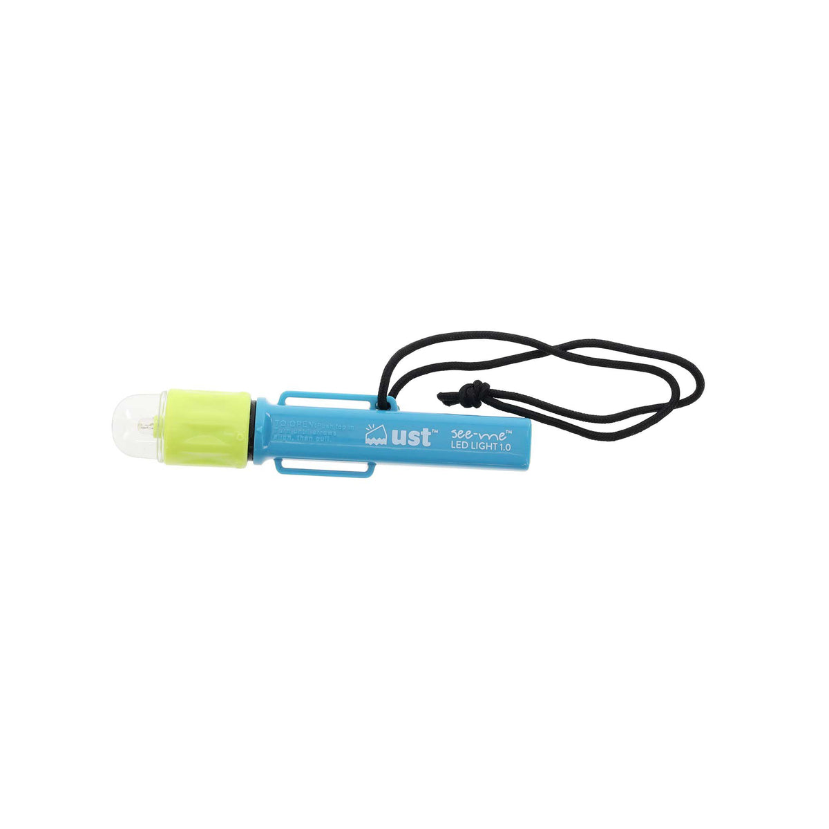 UST See-Me 1.0 steady LED light with blue body, lime cap and black lanyard
