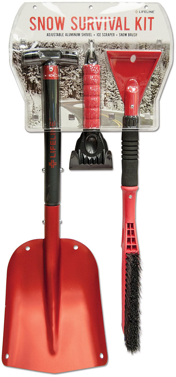 Packaged Lifeline Snow Survival Kit with red shovel, ice scraper and snow brush