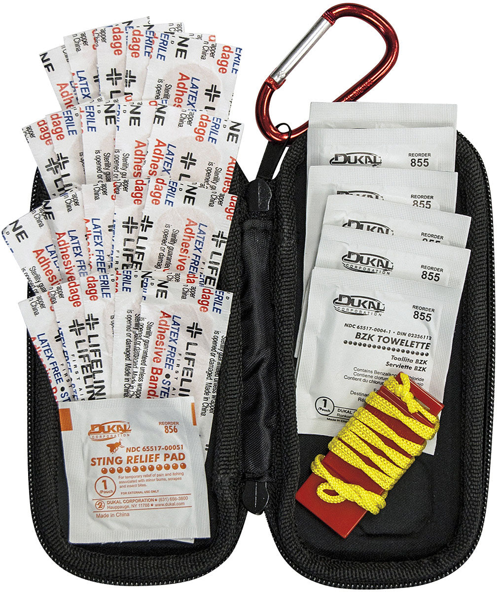 Lifeline small 30-piece hard-shell first aid kit opened with contents