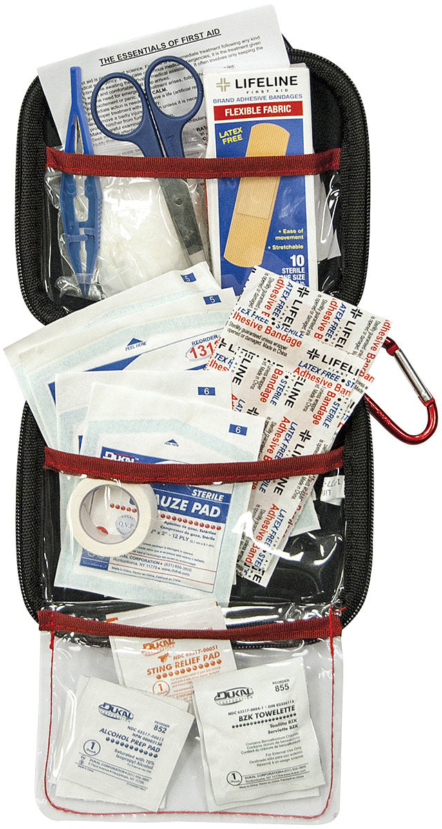 Lifeline medium 53-piece hard-shell first aid kit opened with contents