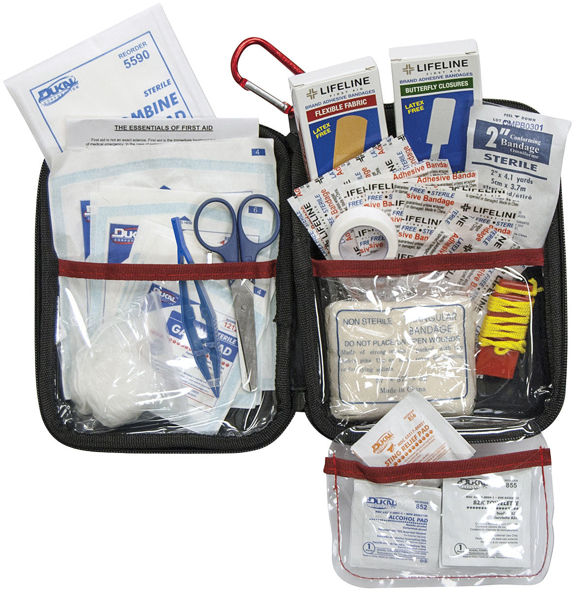 Lifeline large 85-piece hard-shell first aid kit opened with contents