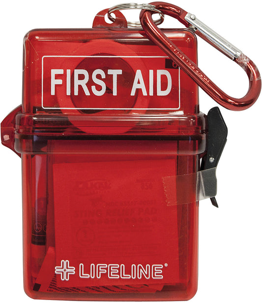 Red Lifeline weather-resistant first aid case with carabiner