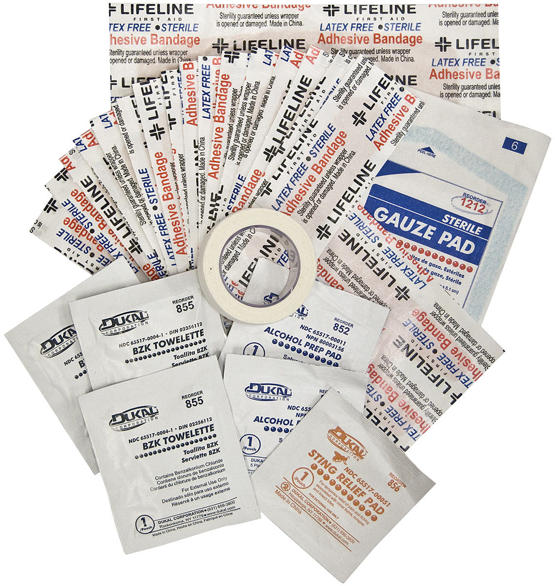 Lifeline weather-resistant first aid kit supplies, including bandages, gauze, tape and wipes