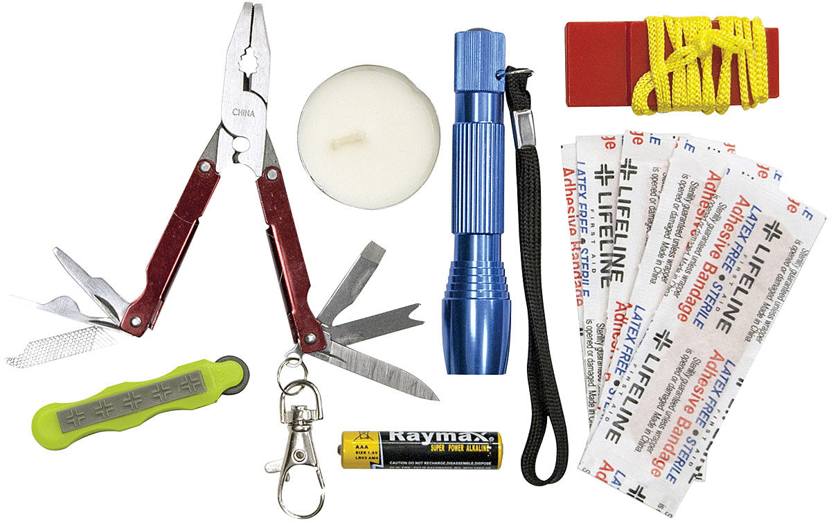 Lifeline 13-piece Weather-Resistant Survival Kit with displayed contents