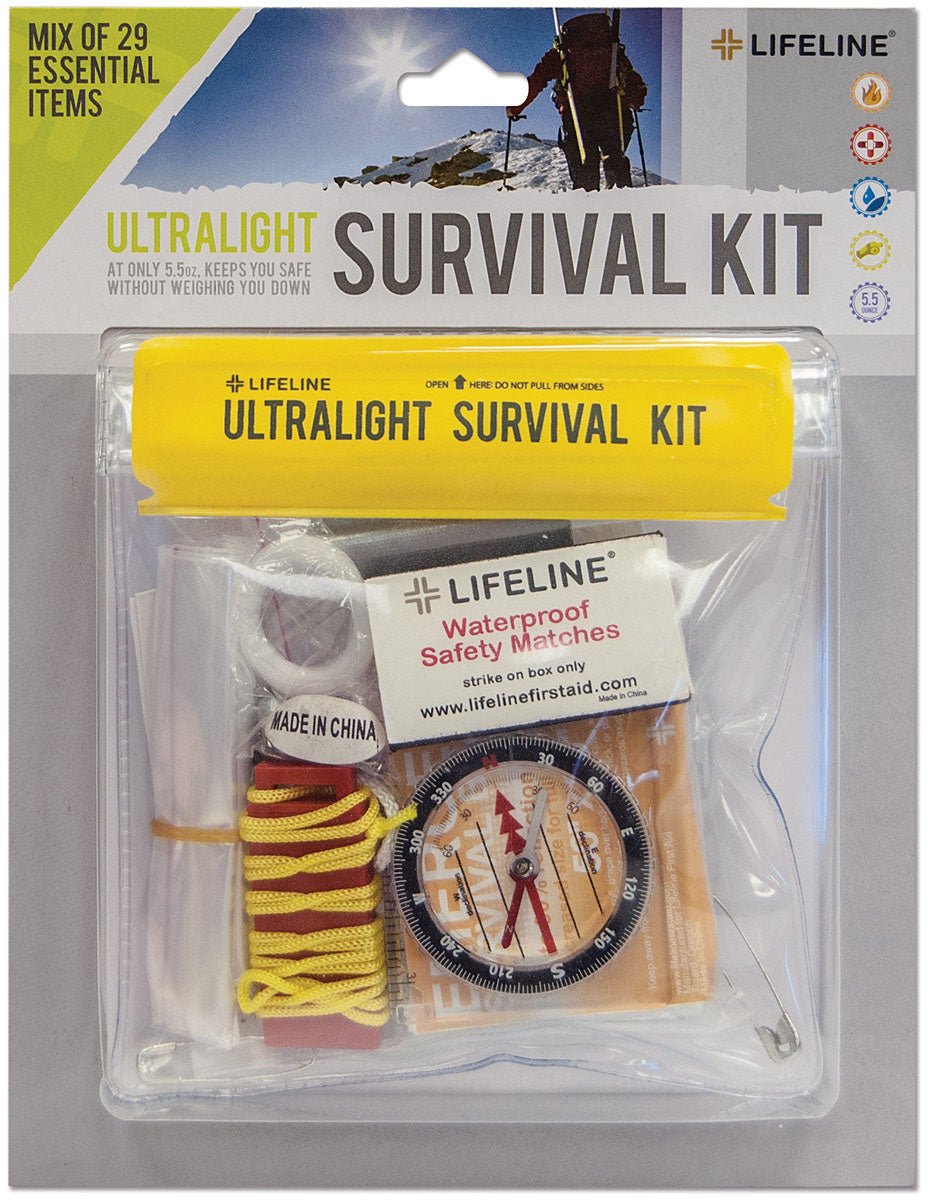 Lifeline Ultralight Survival Kit in retail packaging with clear pouch and visible supplies