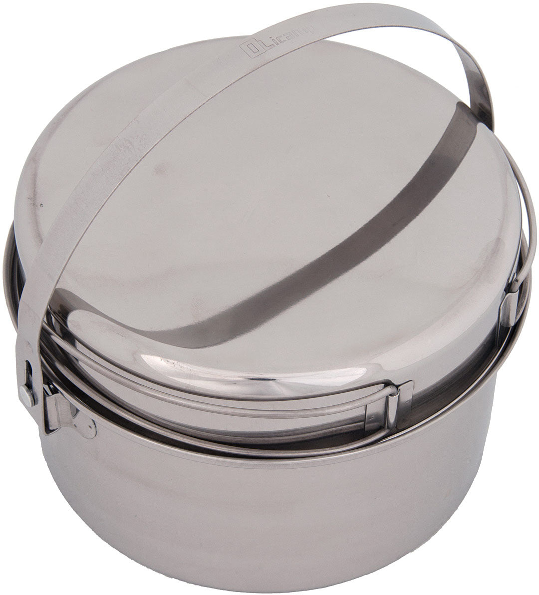 Olicamp AK 3-quart cookset packed with the lid in place and bail handle over the top