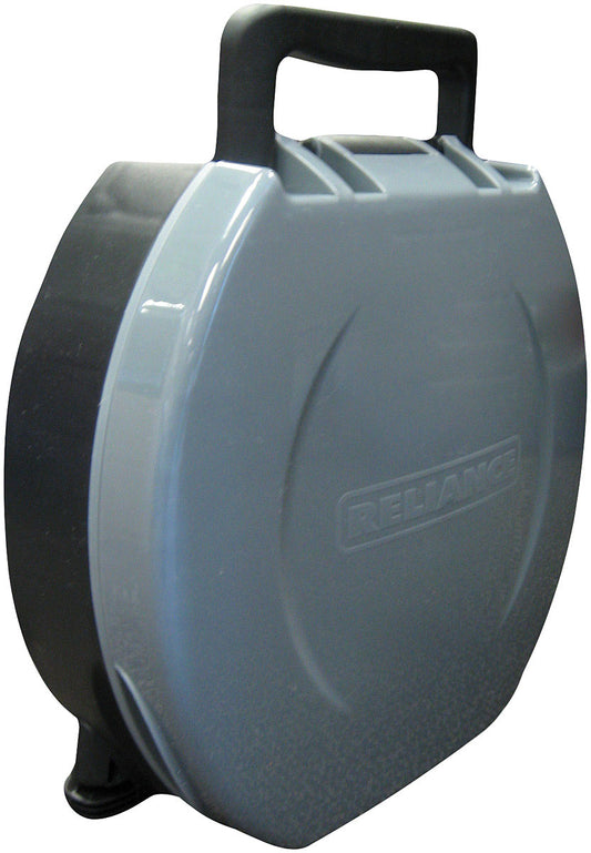Reliance Fold-To-Go portable toilet folded closed with its carry handle upright