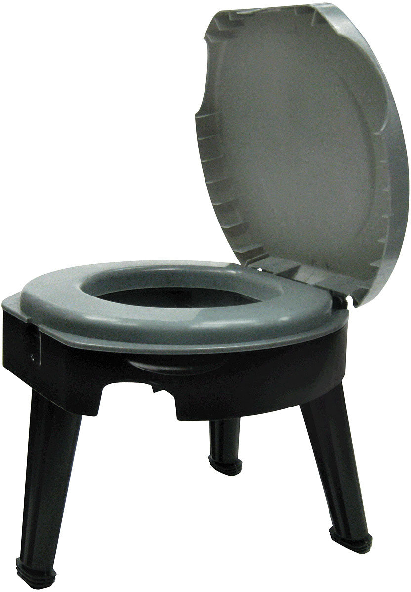 Reliance Fold-To-Go portable toilet with legs extended and lid open