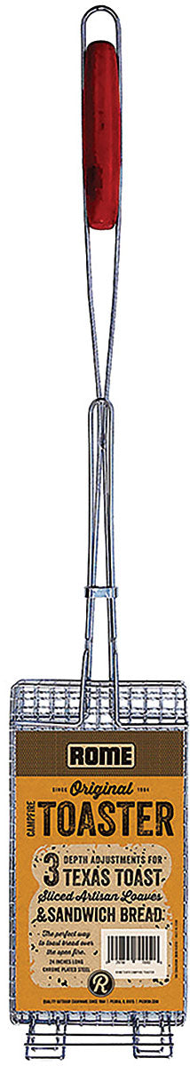 Rome Campfire Toaster with steel mesh basket and long wooden handle, shown in packaging