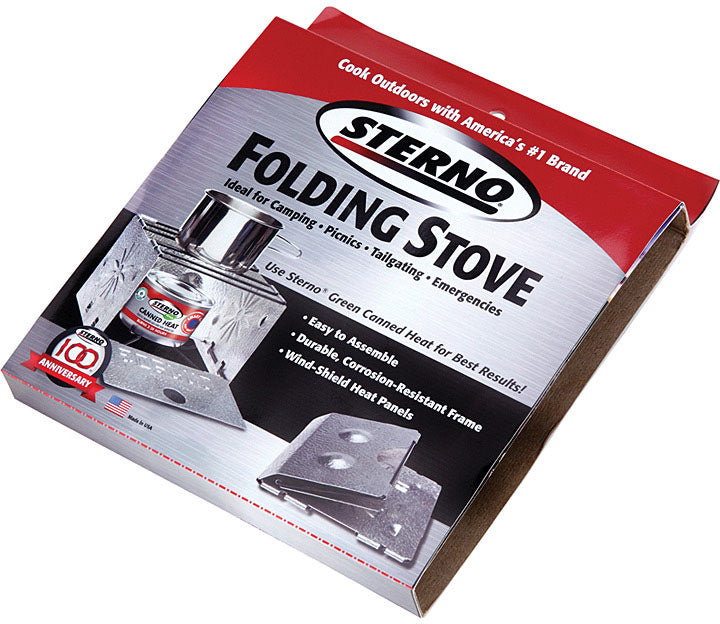 Sterno single folding stove in its red-and-silver retail package