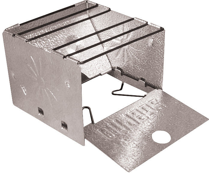 Sterno folding stove assembled with wire cooking grate and front panel open