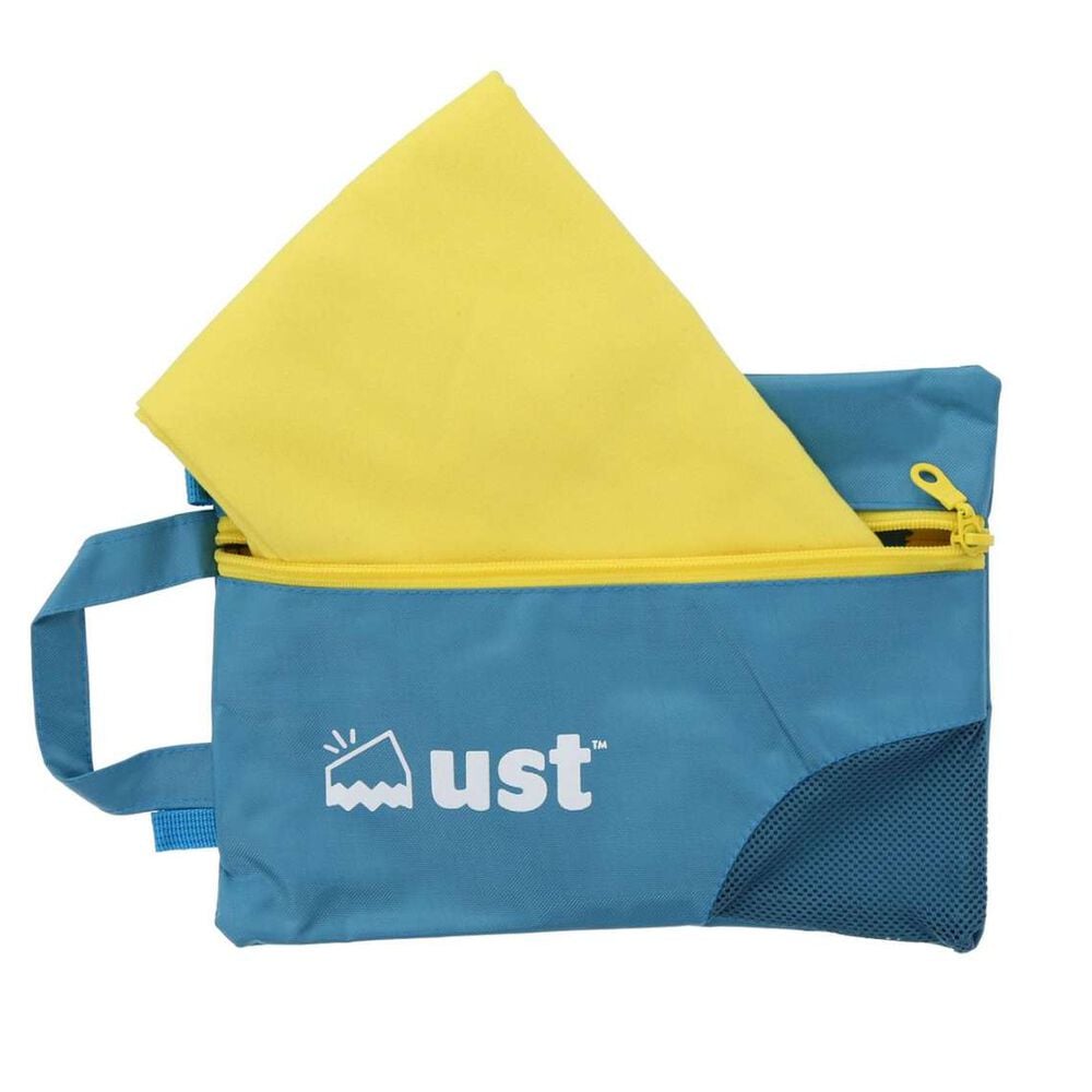 UST yellow microfiber towel partly unfolded from its blue zippered storage pouch