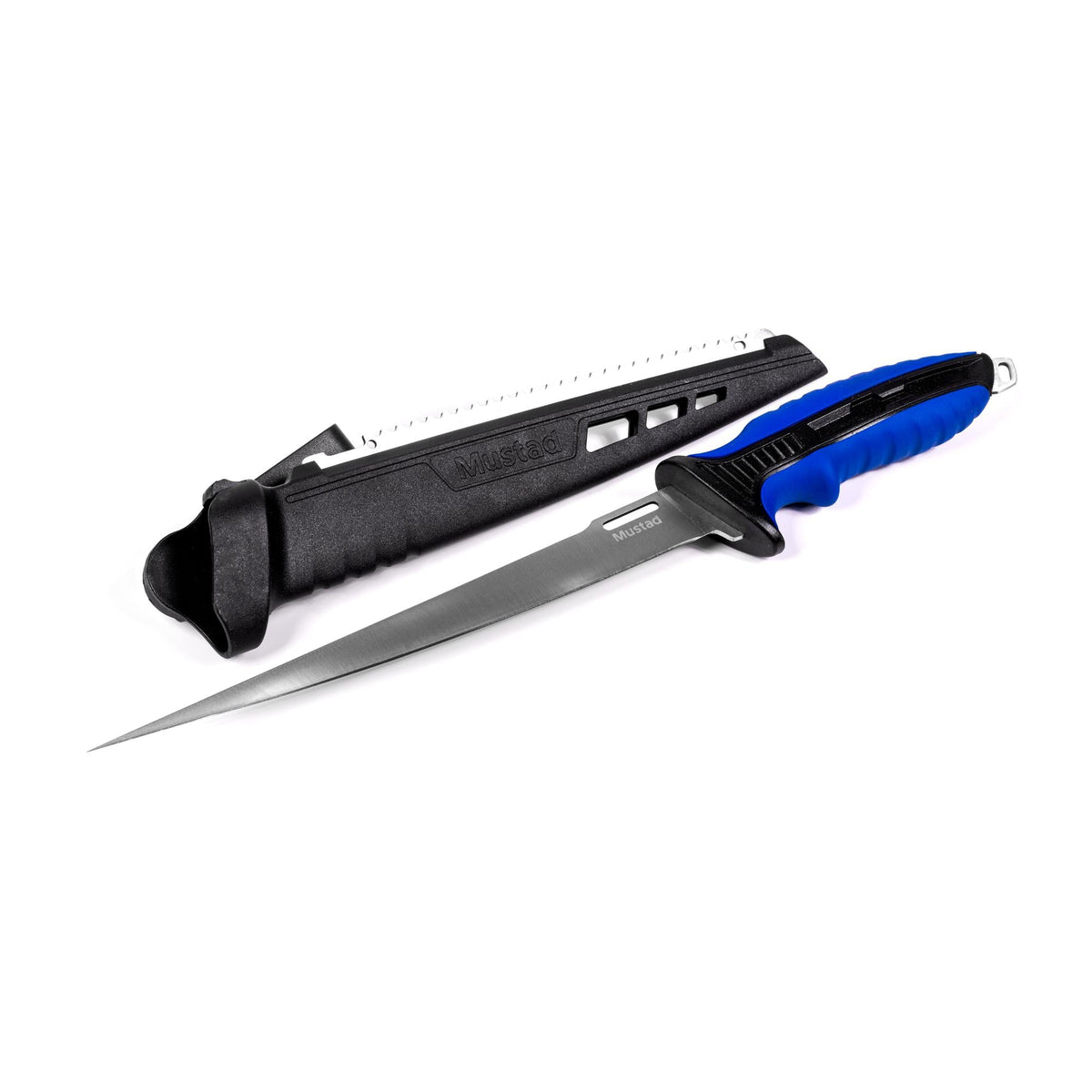 Mustad fillet knife with blue handle and protective sheath