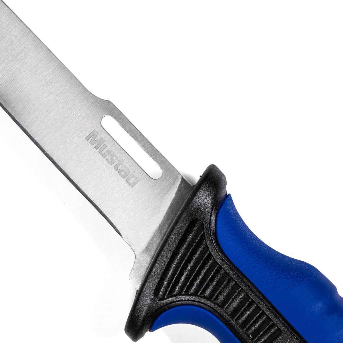 Close-up of the Mustad fillet knife blade and blue handle