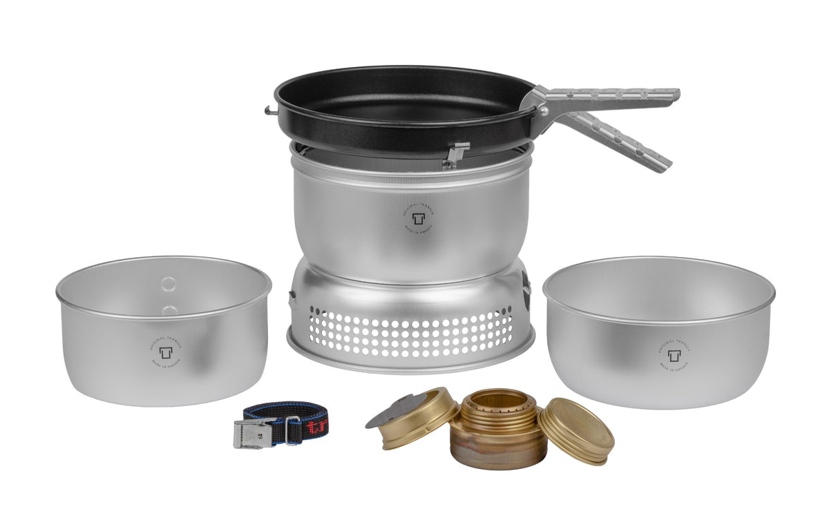 Trangia 25-3 UL kit with aluminum saucepans, nonstick frying pan and spirit burner - manufacturer equipment view