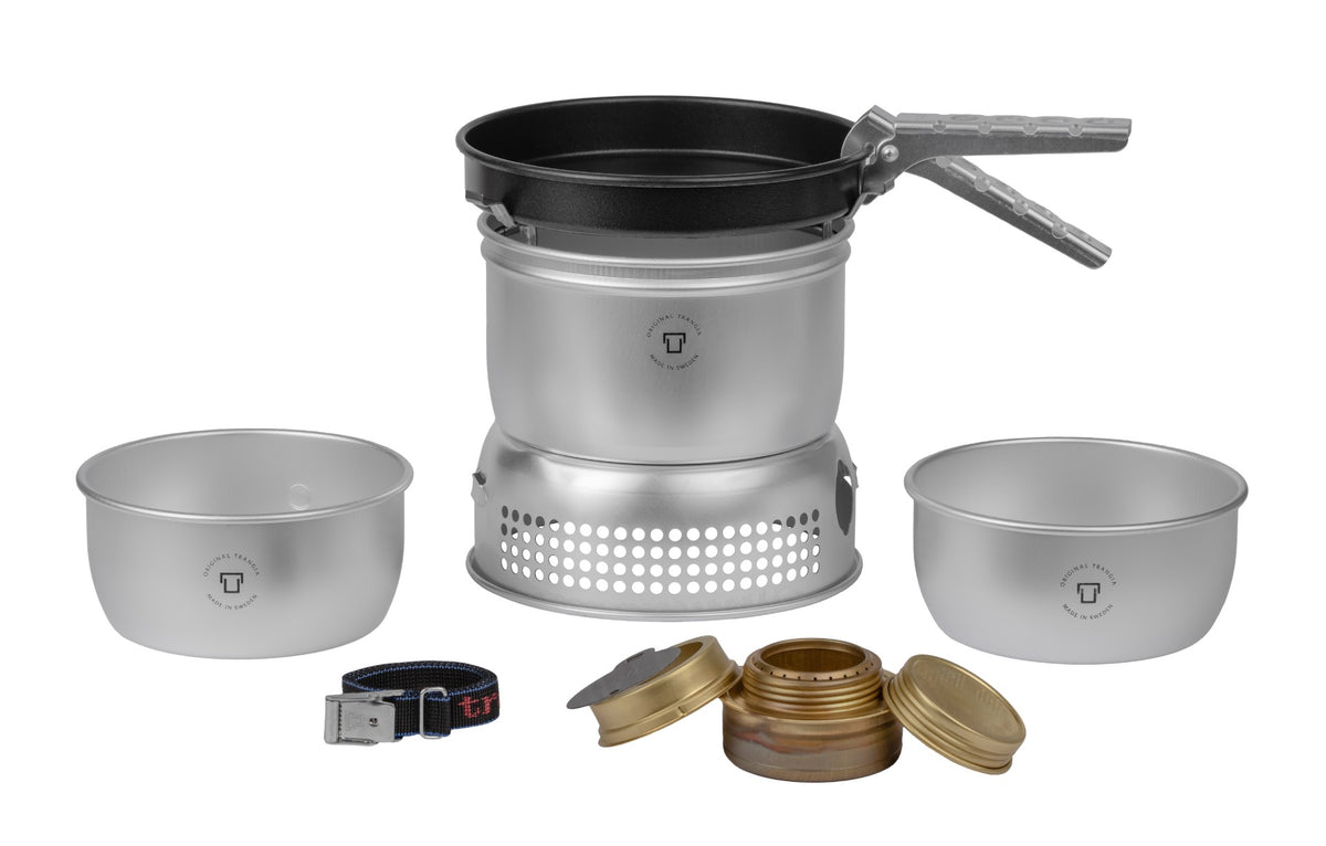 Trangia 27-3 UL kit with aluminum saucepans, nonstick frying pan and spirit burner - manufacturer equipment view