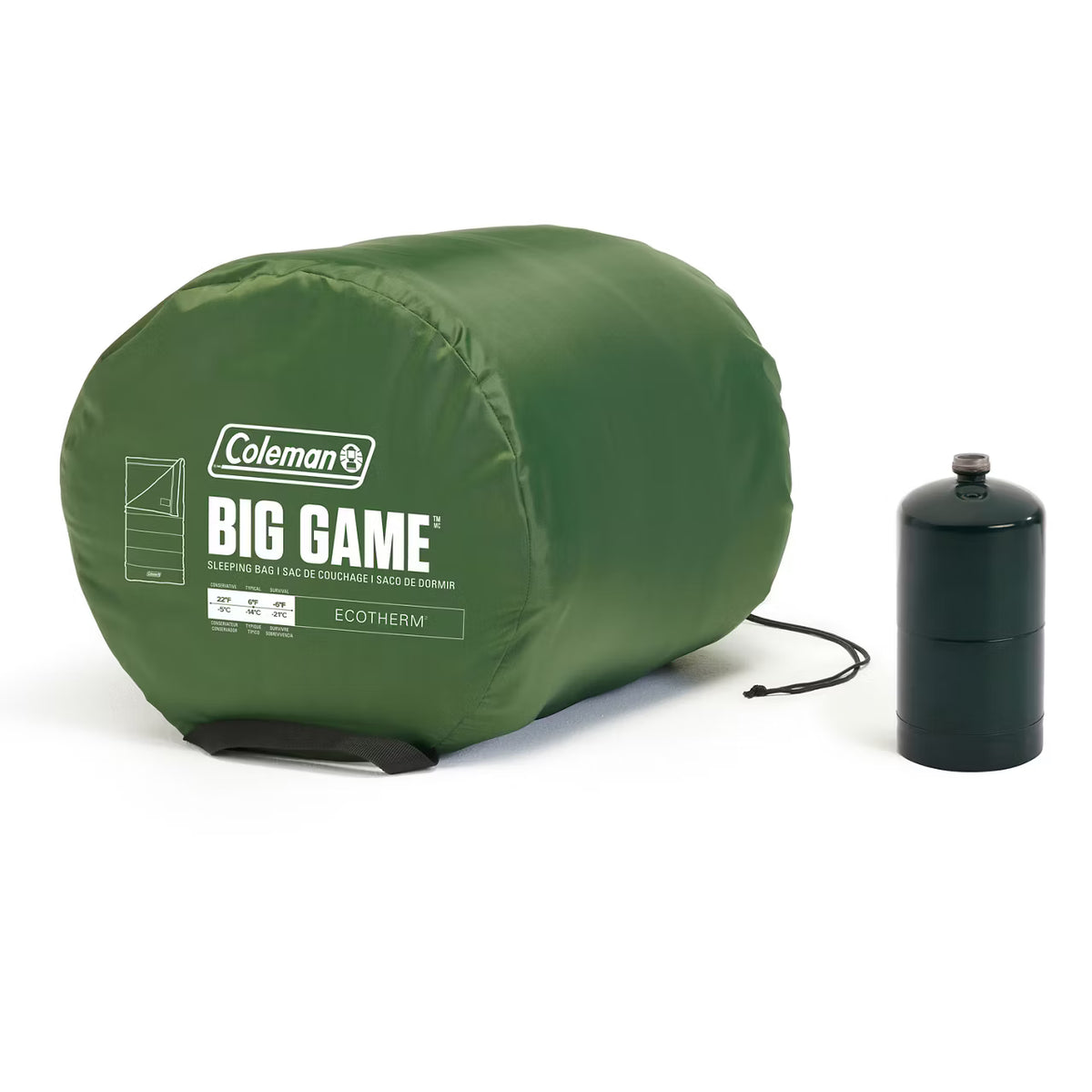 Coleman Big Game sleeping bag packed in its carry bag