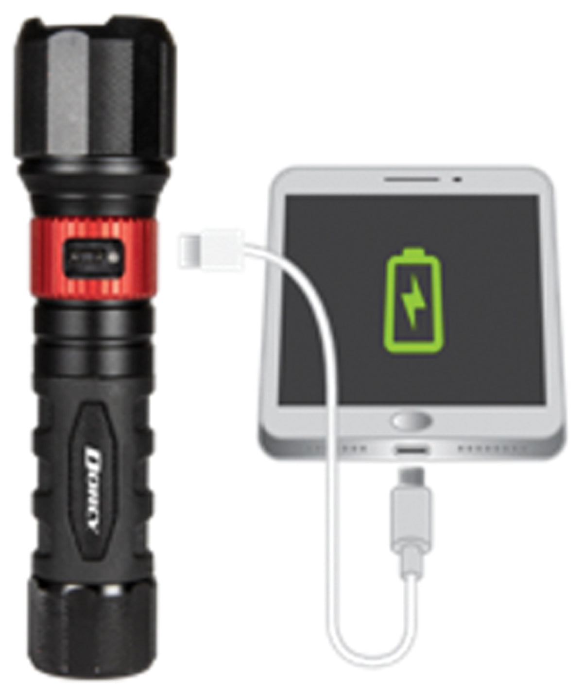 Dorcy Ultra HD 1000L flashlight shown connected by USB cable to charge a smartphone