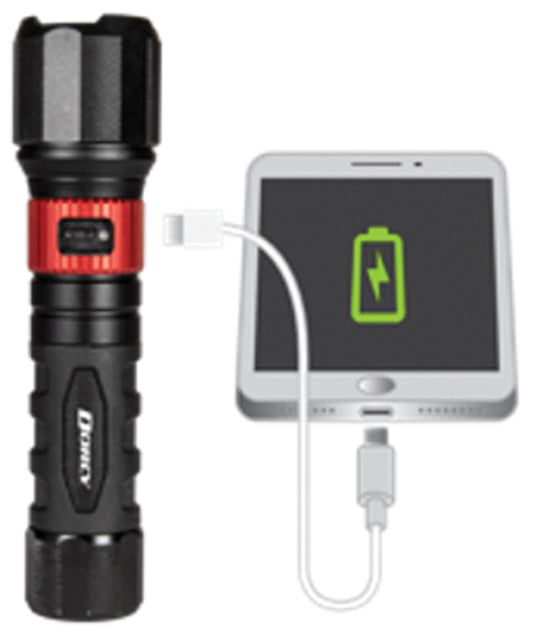 Dorcy Ultra HD 1000L flashlight shown connected by USB cable to charge a smartphone