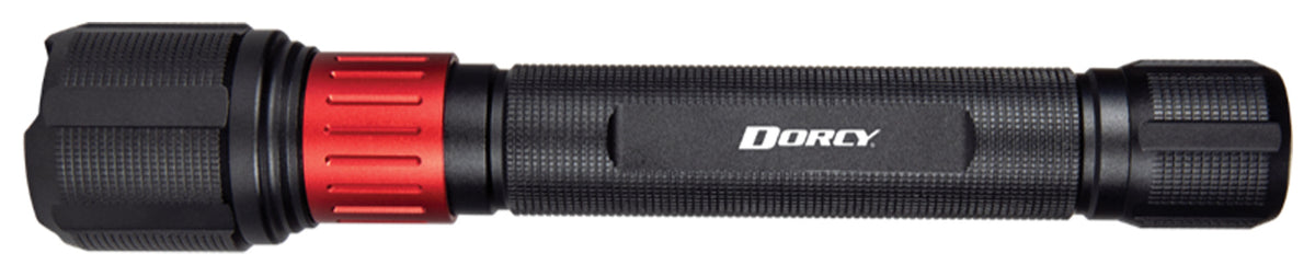 Dorcy Ultra HD 2000L flashlight with black body and red charging-port collar, side view