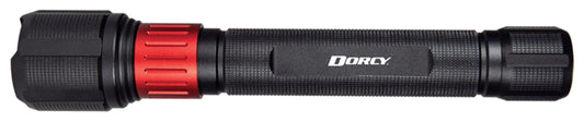Dorcy Ultra HD 2000L flashlight with black body and red charging-port collar, side view