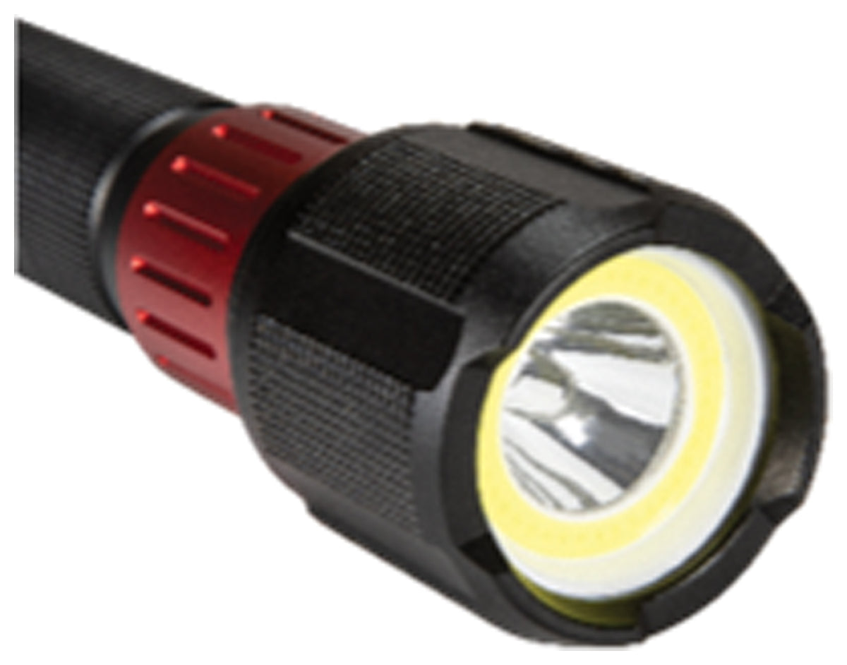 Close-up of the Dorcy Ultra HD 2000L flashlight's central spotlight and surrounding COB flood light