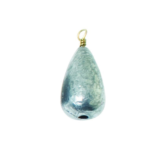 Close-up of a teardrop-shaped Eagle Claw bass casting sinker with line-attachment eye