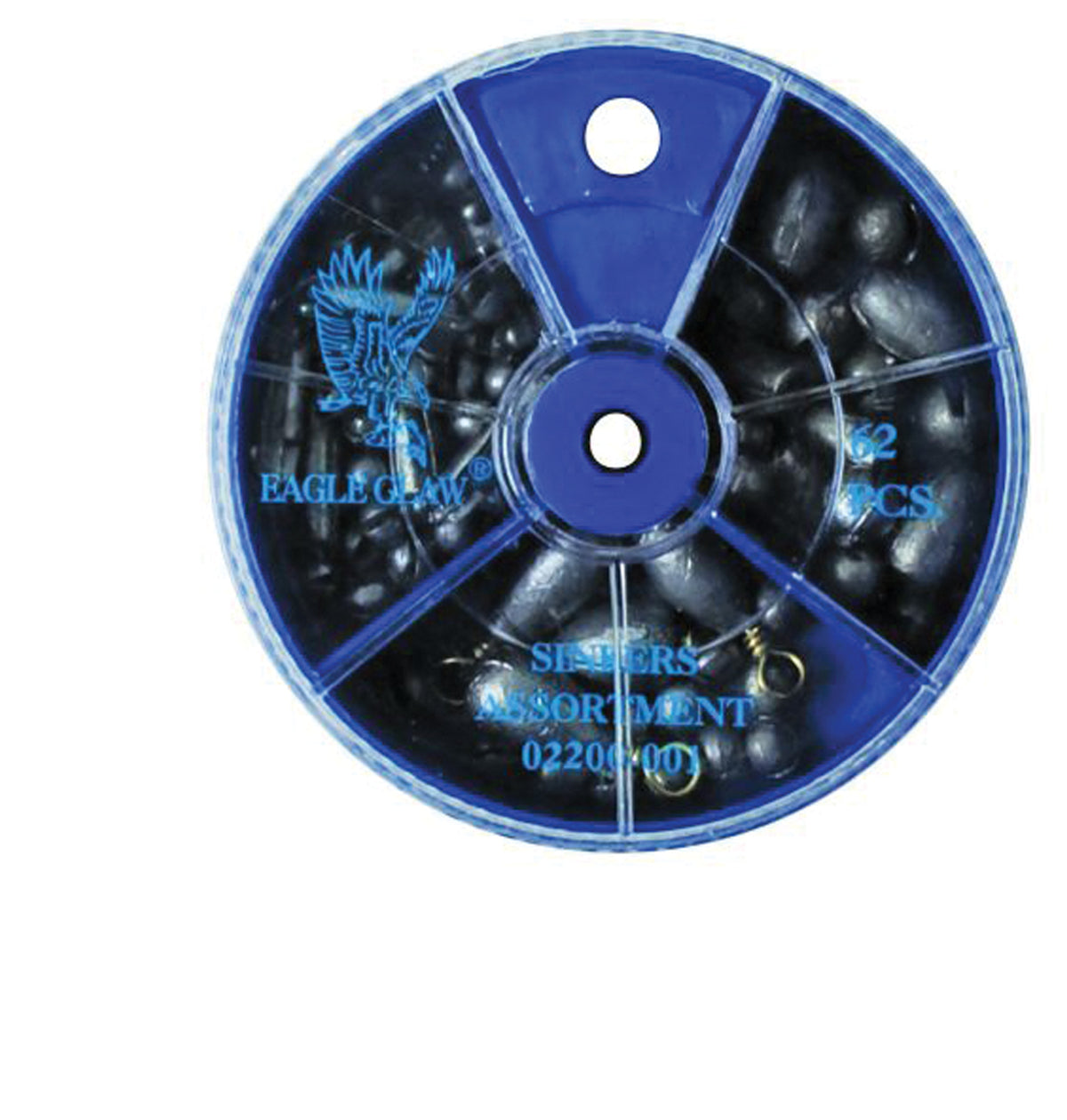 Eagle Claw 62-piece multi-style sinker assortment in a blue compartmented dial pack
