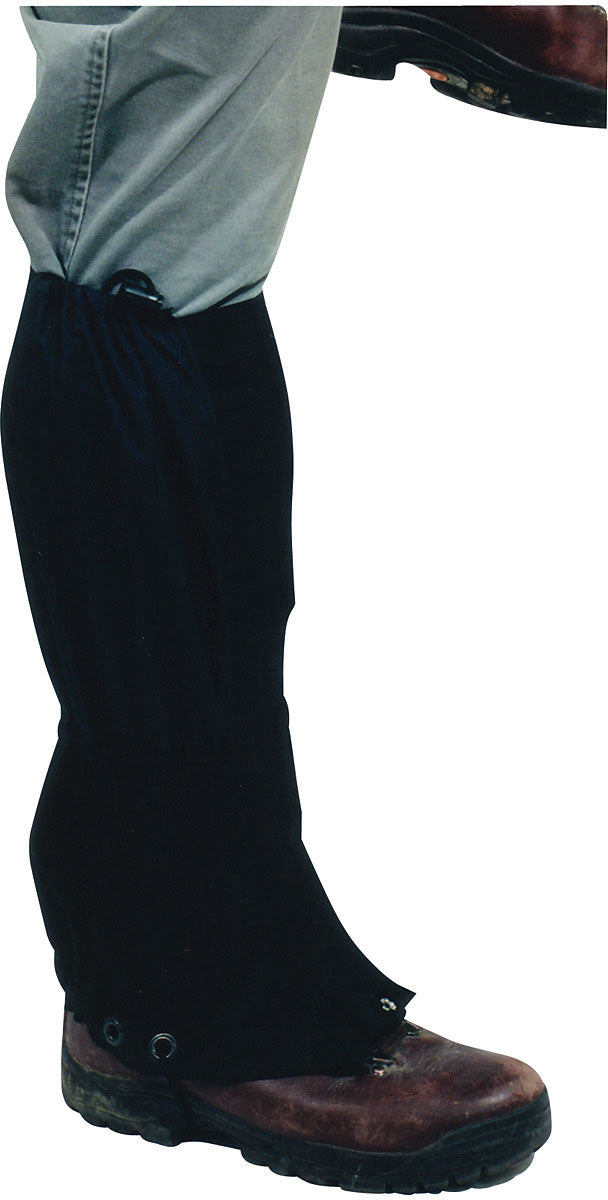 Black Equinox Mountain Gaiter worn over a hiking boot and lower leg