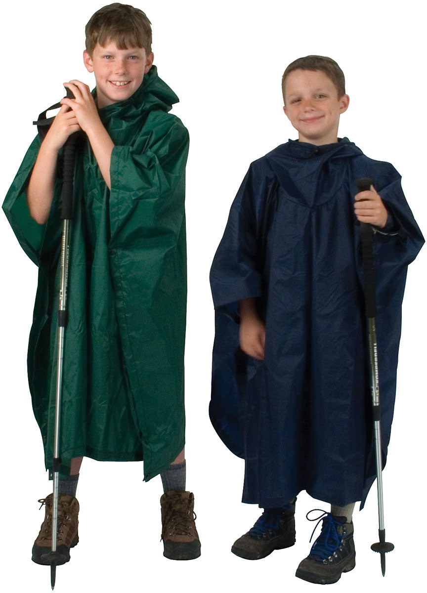 Models wearing green and navy Equinox Youth Rain Ponchos
